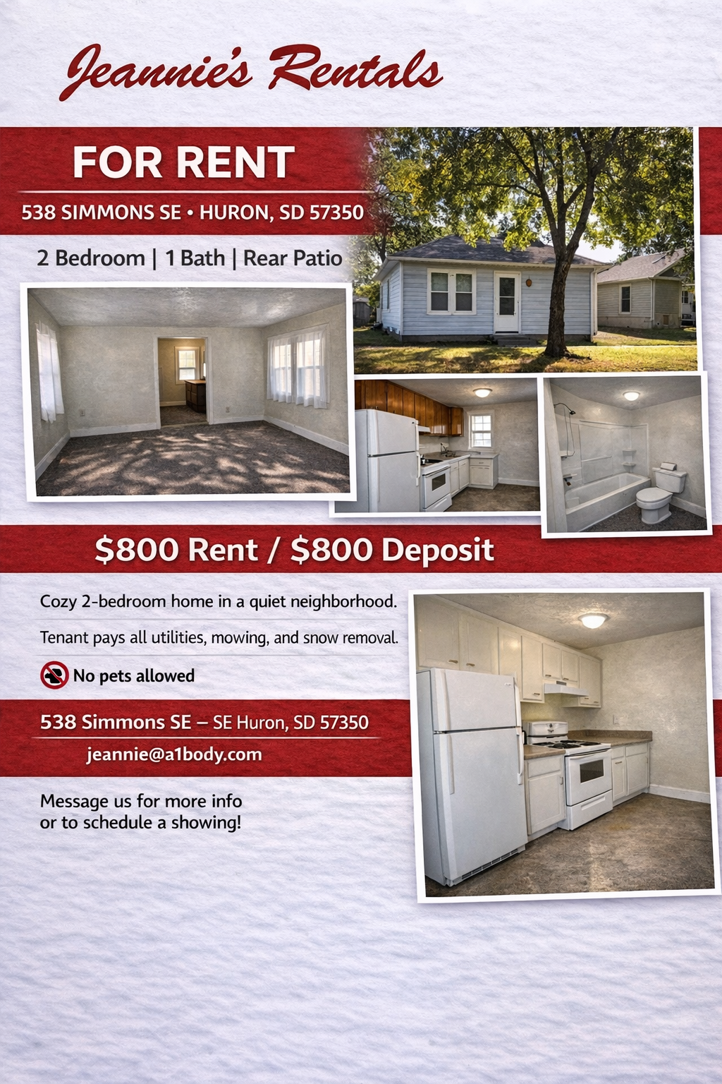 For Rent – 538 Simmons SE, Huron, SD 57350